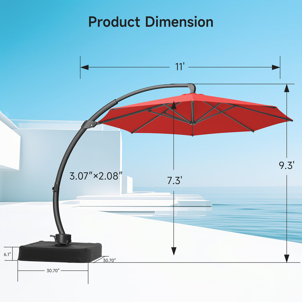 11ft Aluminum Curvy Cantilever Umbrella with Base, Red