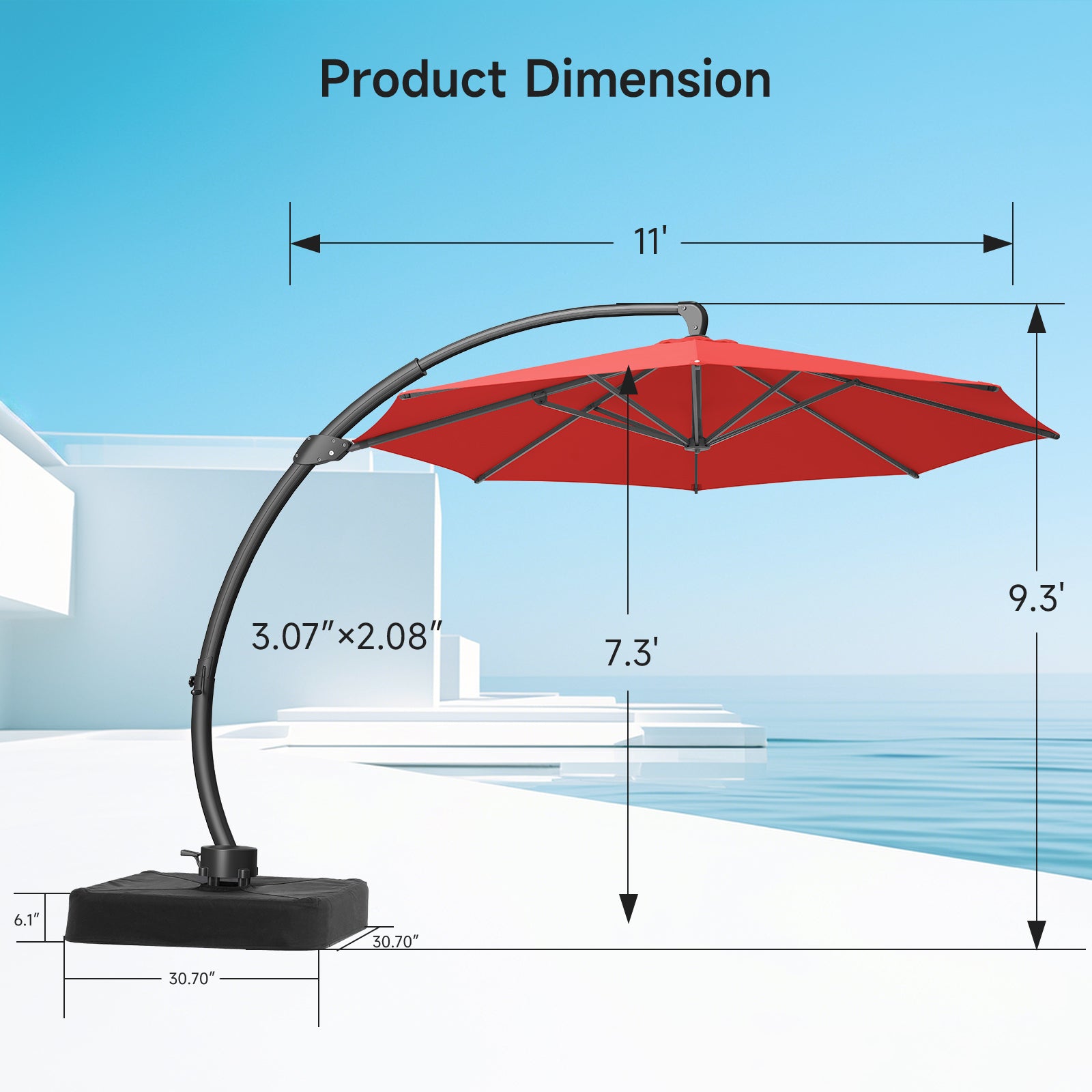 11ft Aluminum Curvy Cantilever Umbrella with Base, Red