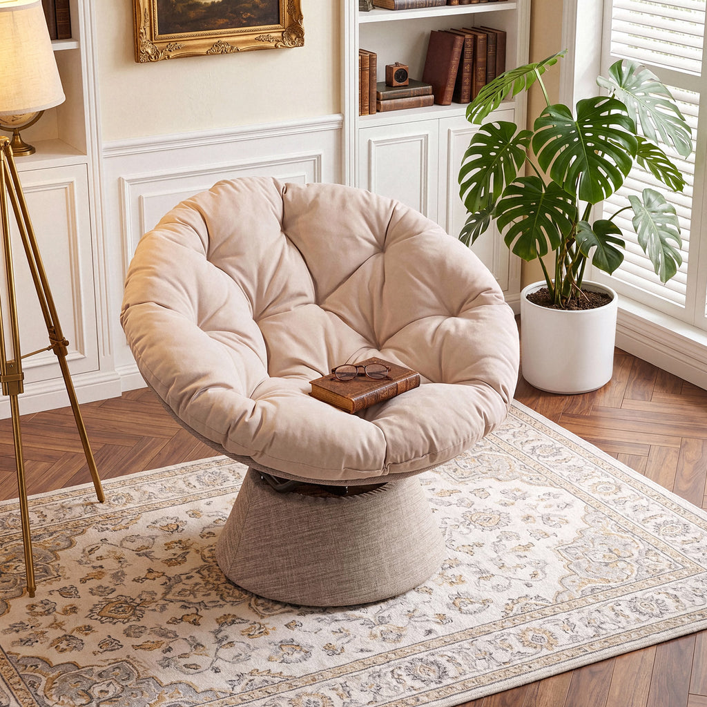 Dovov Papasan Chair, 360 Degree Swivel Papasan Accent Chair, Beige