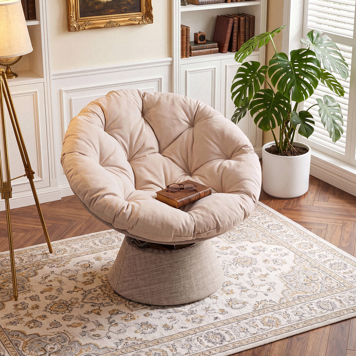 Dovov Papasan Chair, 360 Degree Swivel Papasan Accent Chair, Beige
