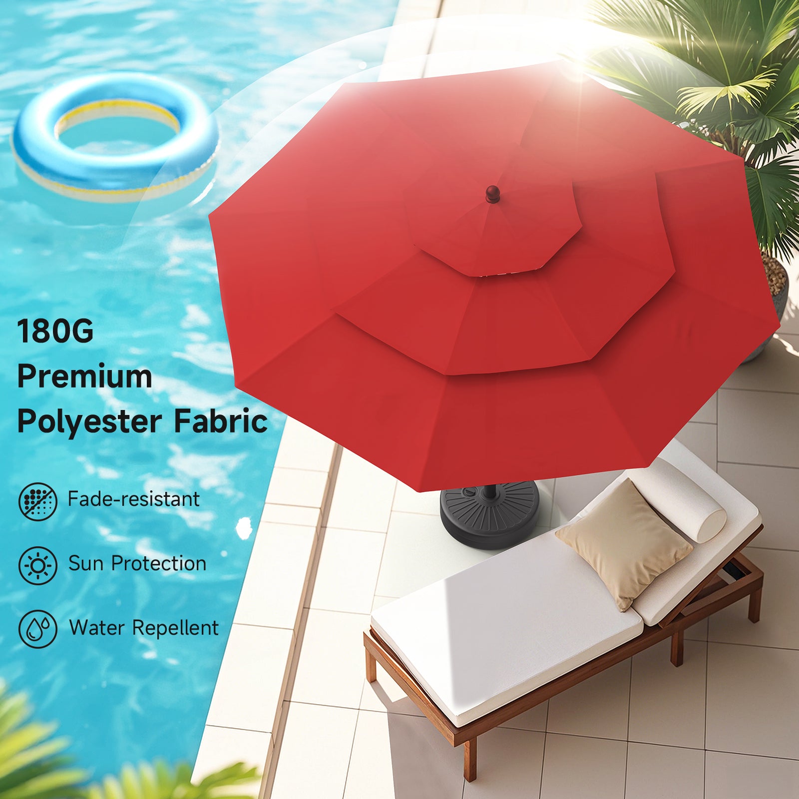 10ft 3 Tier Patio Umbrella with Crank & Push Button Tilt, Red