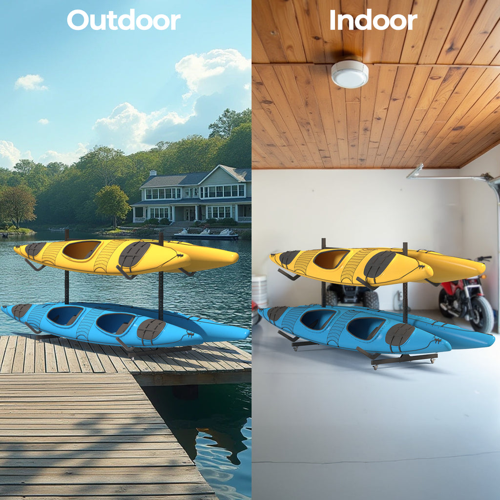 2 Levels Freestanding Rolling Kayak Storage Rack for 4 Kayaks
