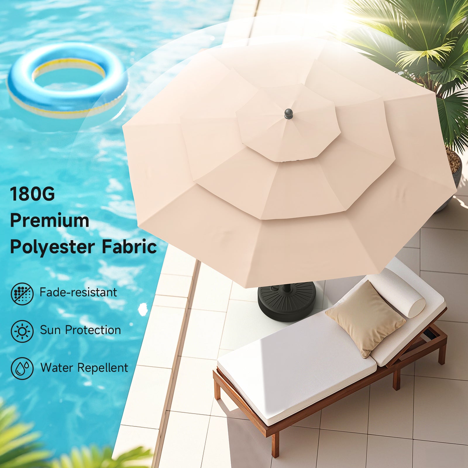 10ft 3 Tier Patio Umbrella with Crank & Push Button Tilt, Champagne