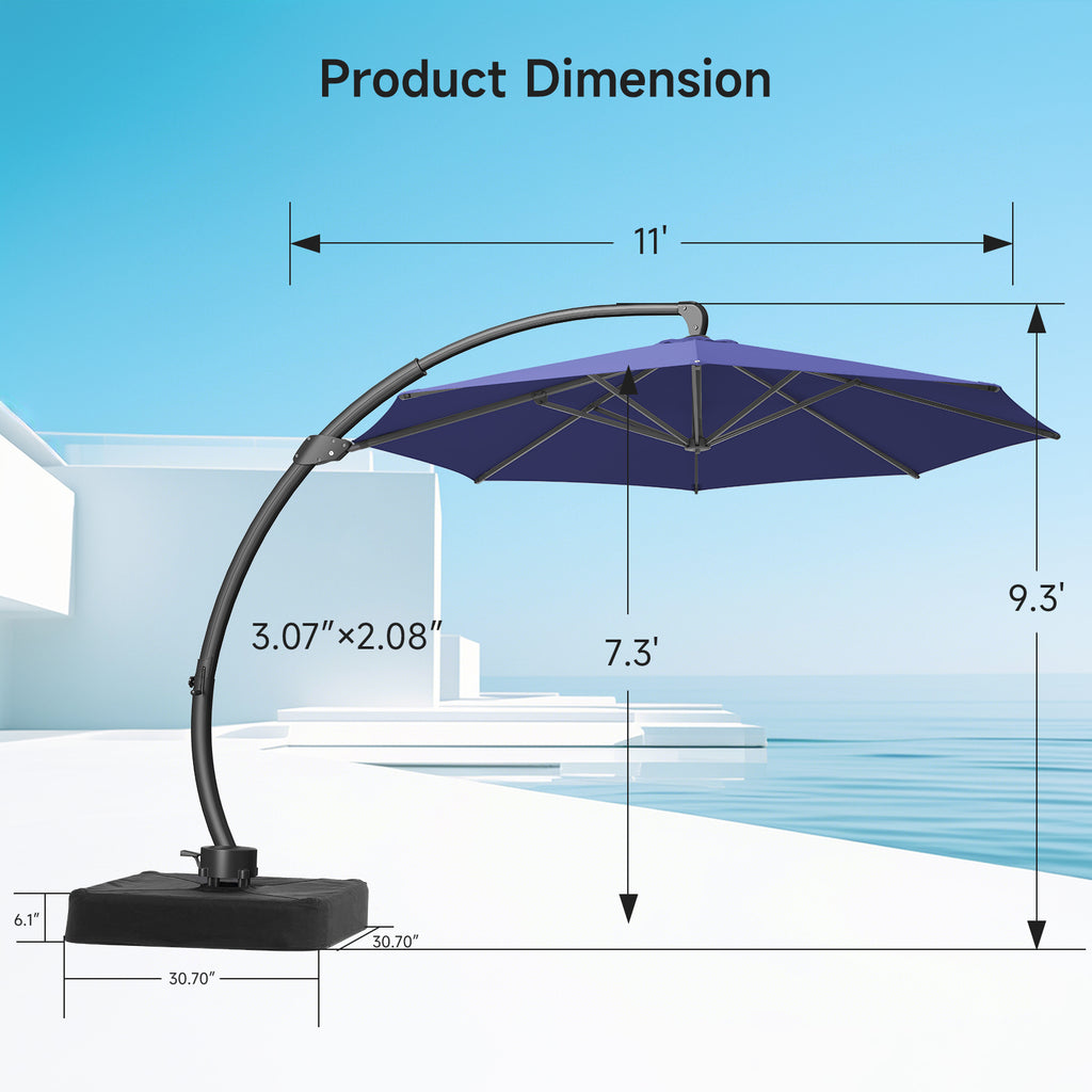 11ft Aluminum Curvy Cantilever Umbrella with Base, Navy Blue