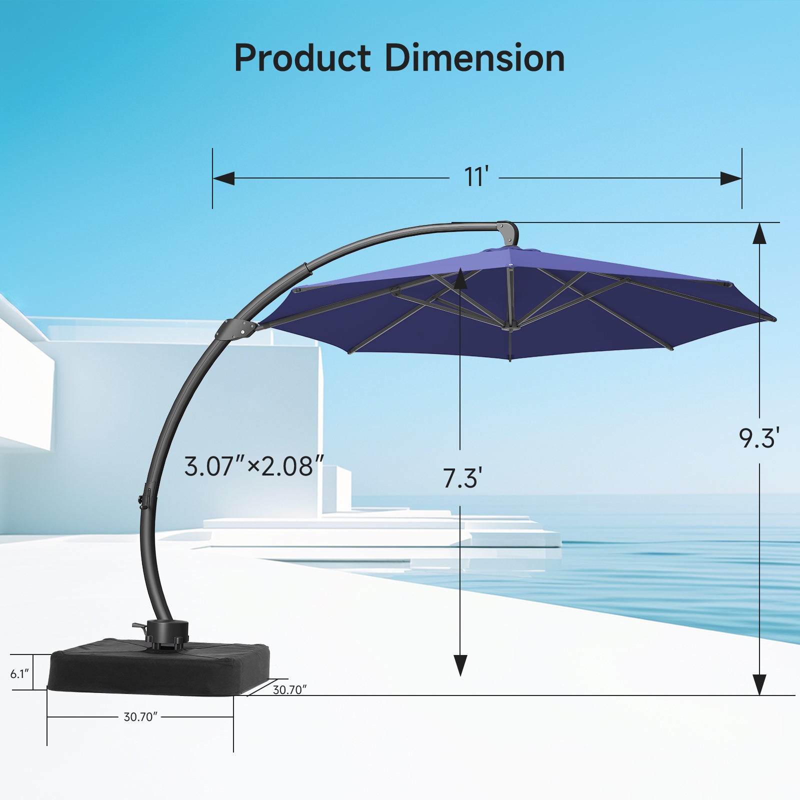 11ft Aluminum Curvy Cantilever Umbrella with Base, Navy Blue