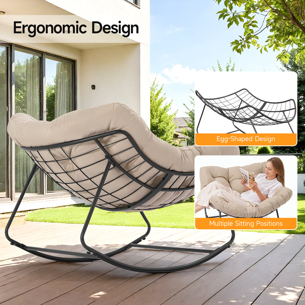 Outdoor Oversized Papasan Rocking Chair with Padded Cushion, Beige