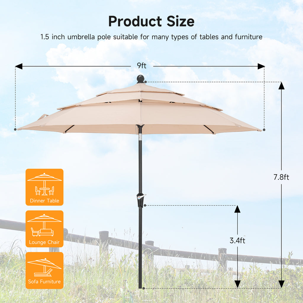 9ft 3 Tier Vented Patio Umbrella with Crank, Champagne