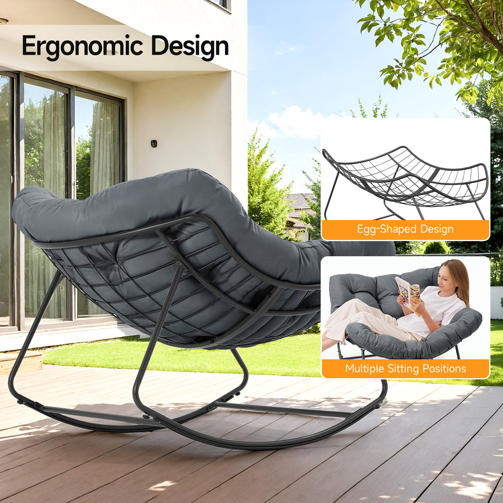 Outdoor Oversized Papasan Rocking Chair with Padded Cushion, Gray