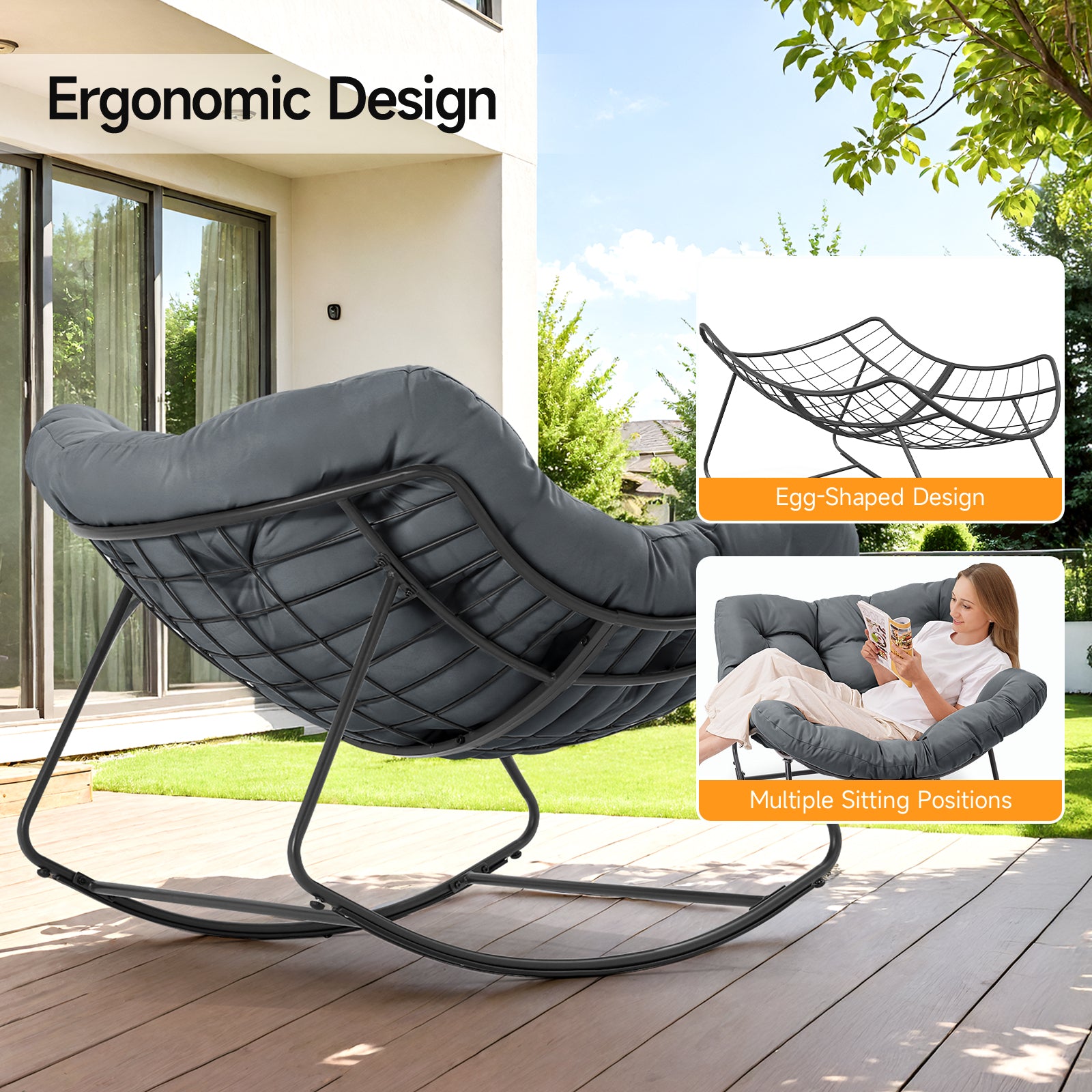 Outdoor Oversized Papasan Rocking Chair with Padded Cushion, Gray