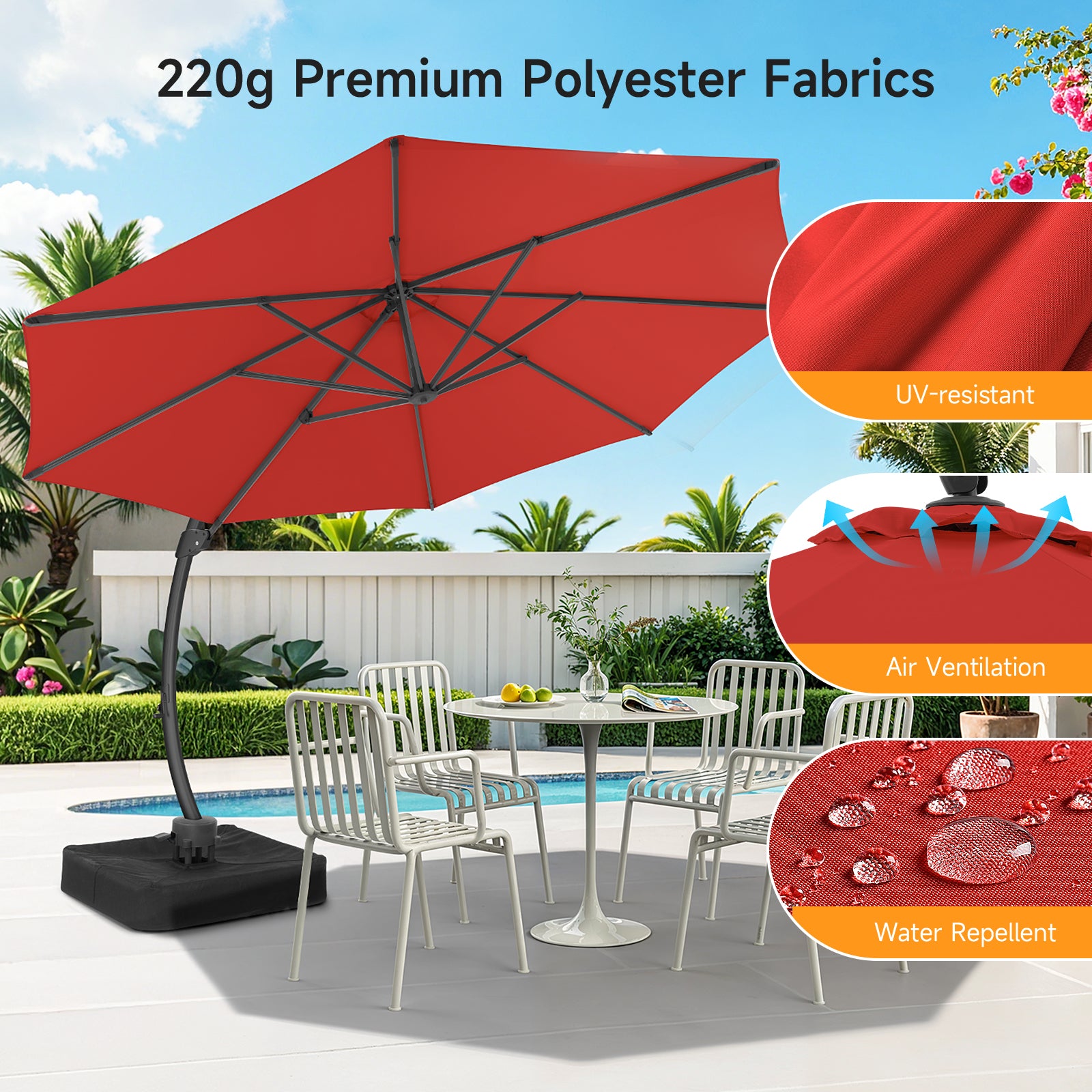 11ft Aluminum Curvy Cantilever Umbrella with Base, Red