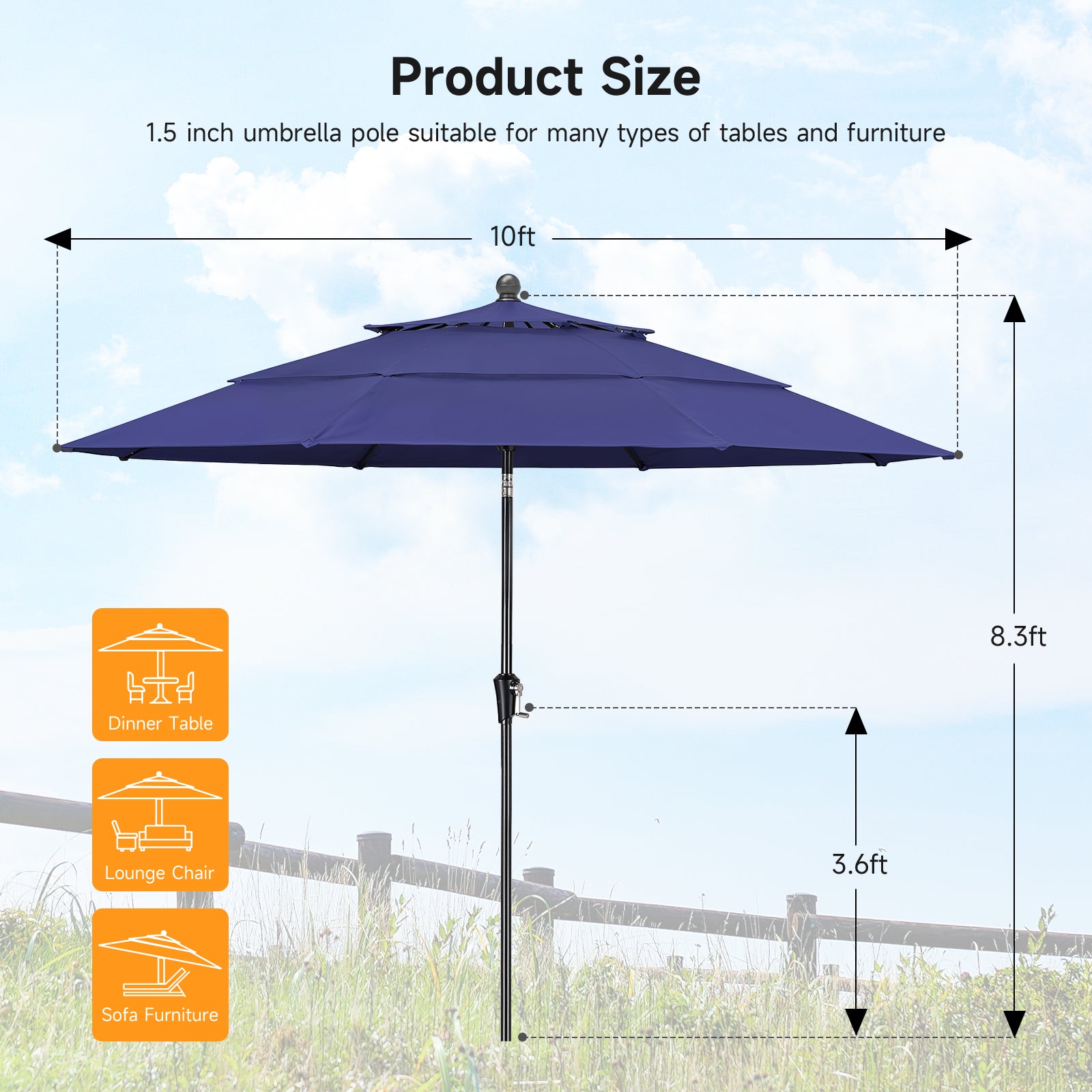 10ft 3 Tier Patio Umbrella with Crank & Push Button Tilt, Navy Blue