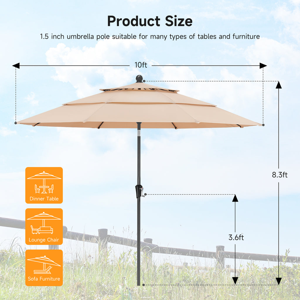 10ft 3 Tier Patio Umbrella with Crank & Push Button Tilt, Champagne