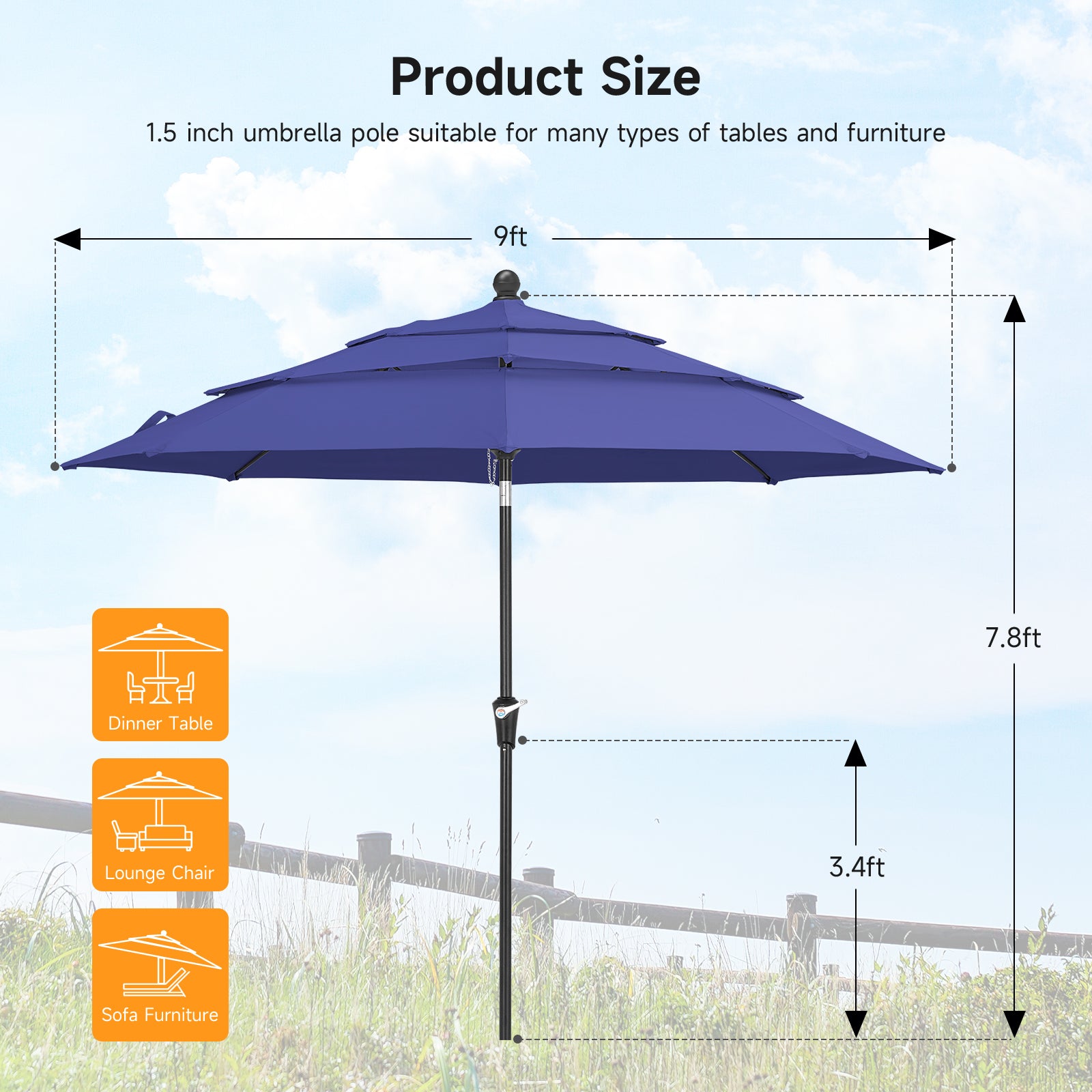 9ft 3 Tier Vented Patio Umbrella with Crank, Navy Blue