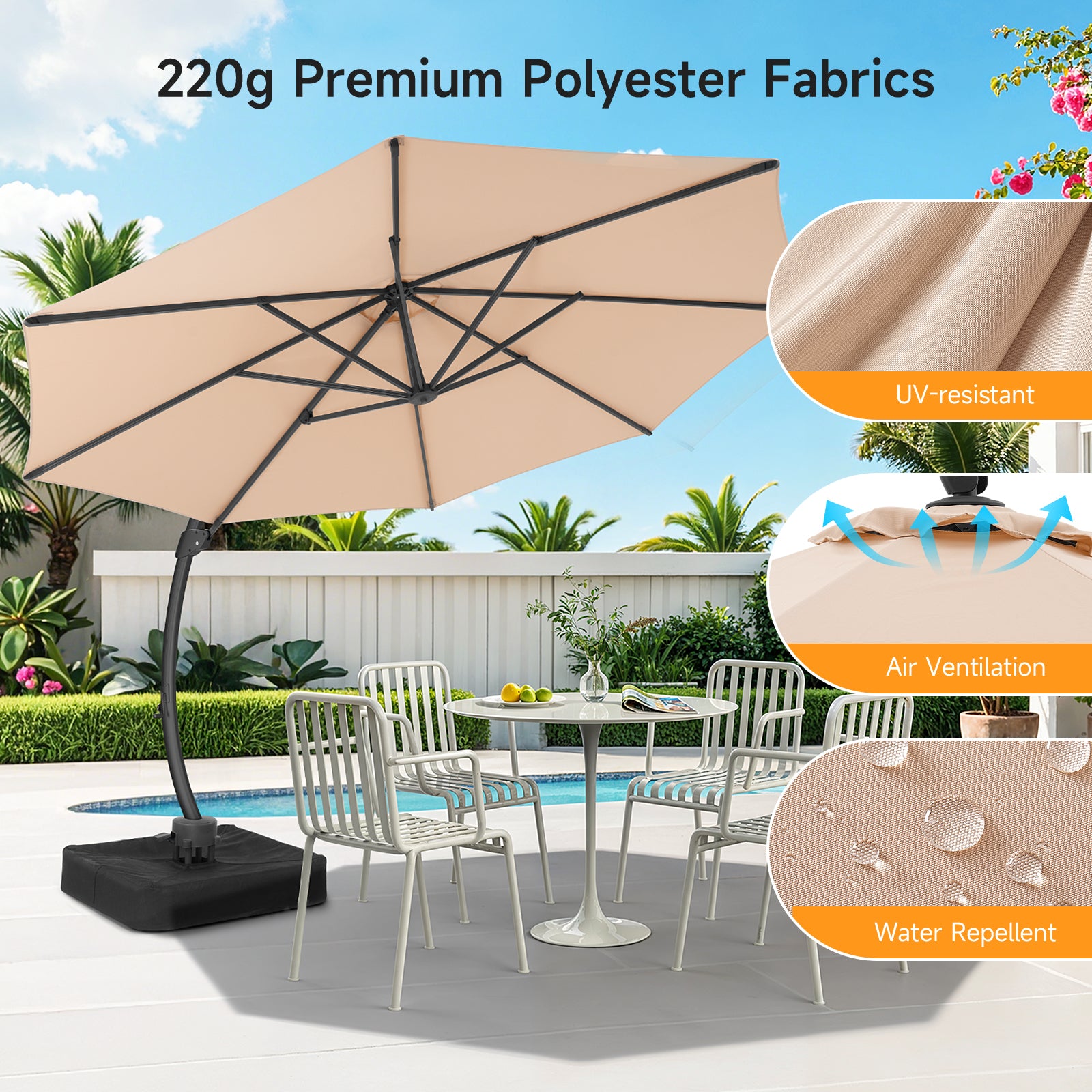 11ft Aluminum Curvy Cantilever Umbrella with Base, Champagne