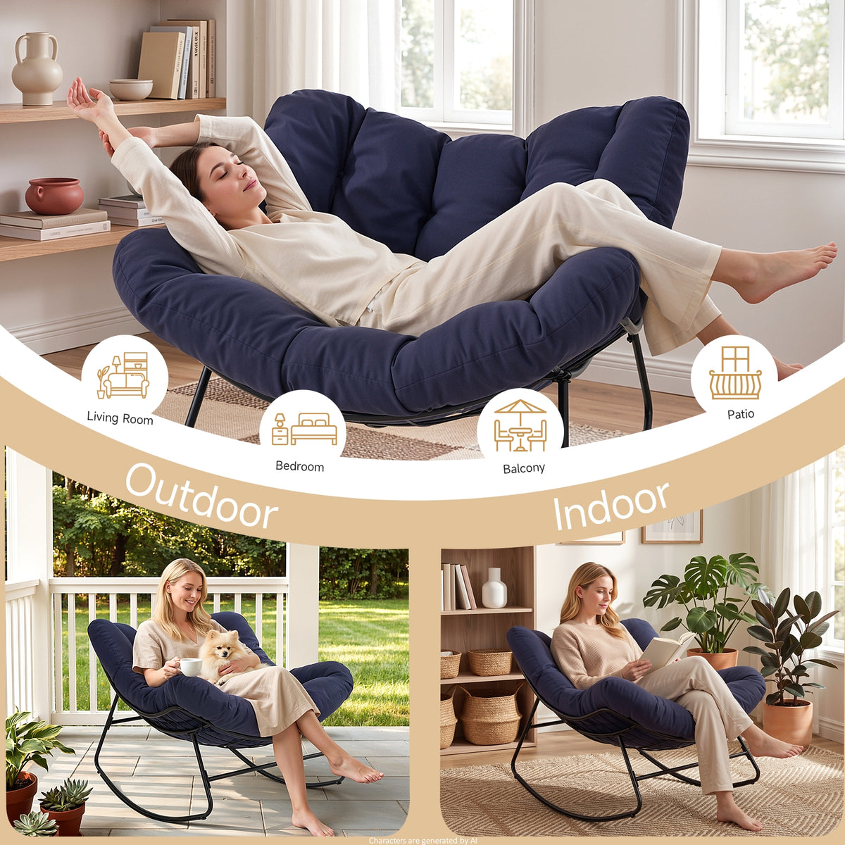Outdoor Oversized Papasan Rocking Chair with Padded Cushion, Navy Blue