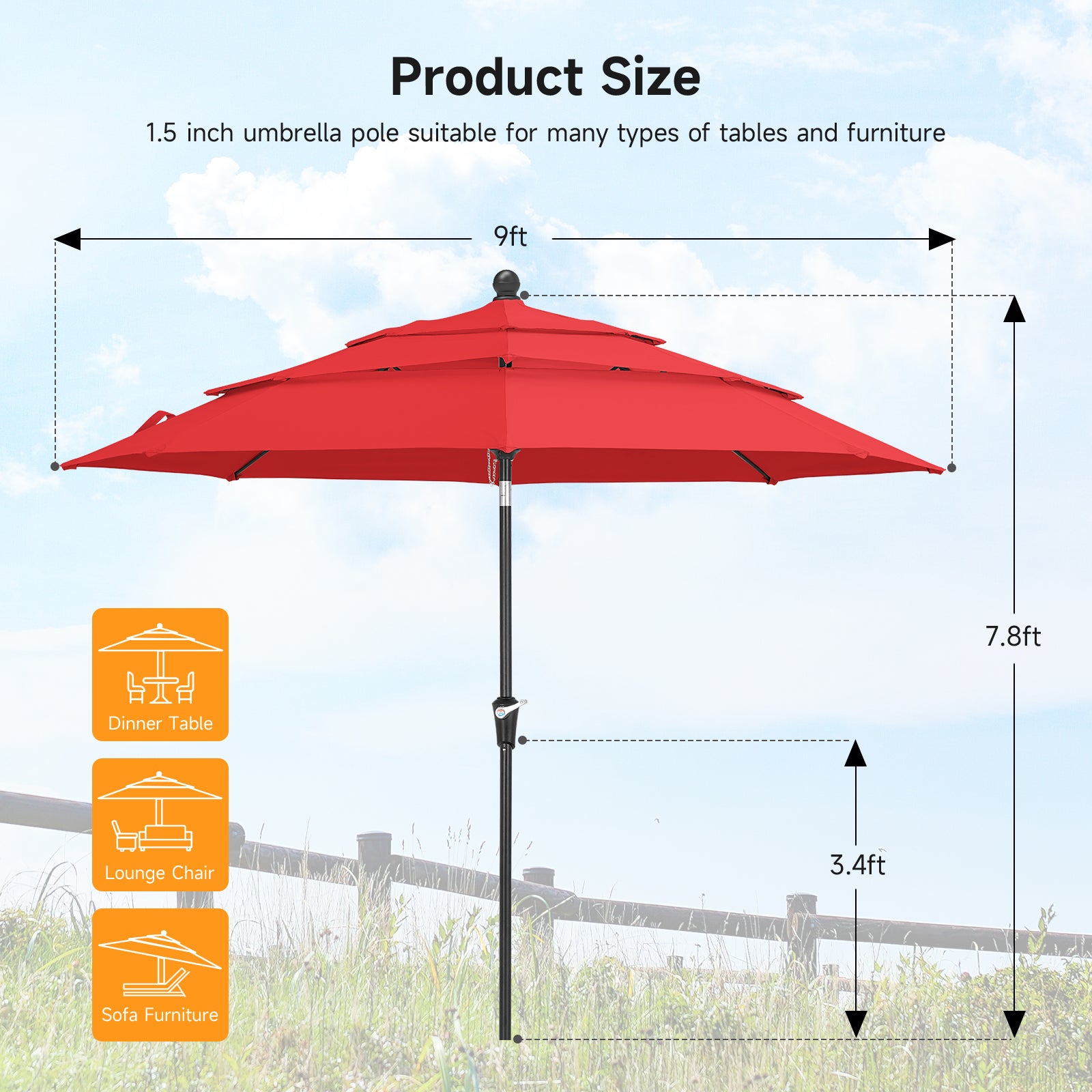 9ft 3 Tier Vented Patio Umbrella with Crank, Red