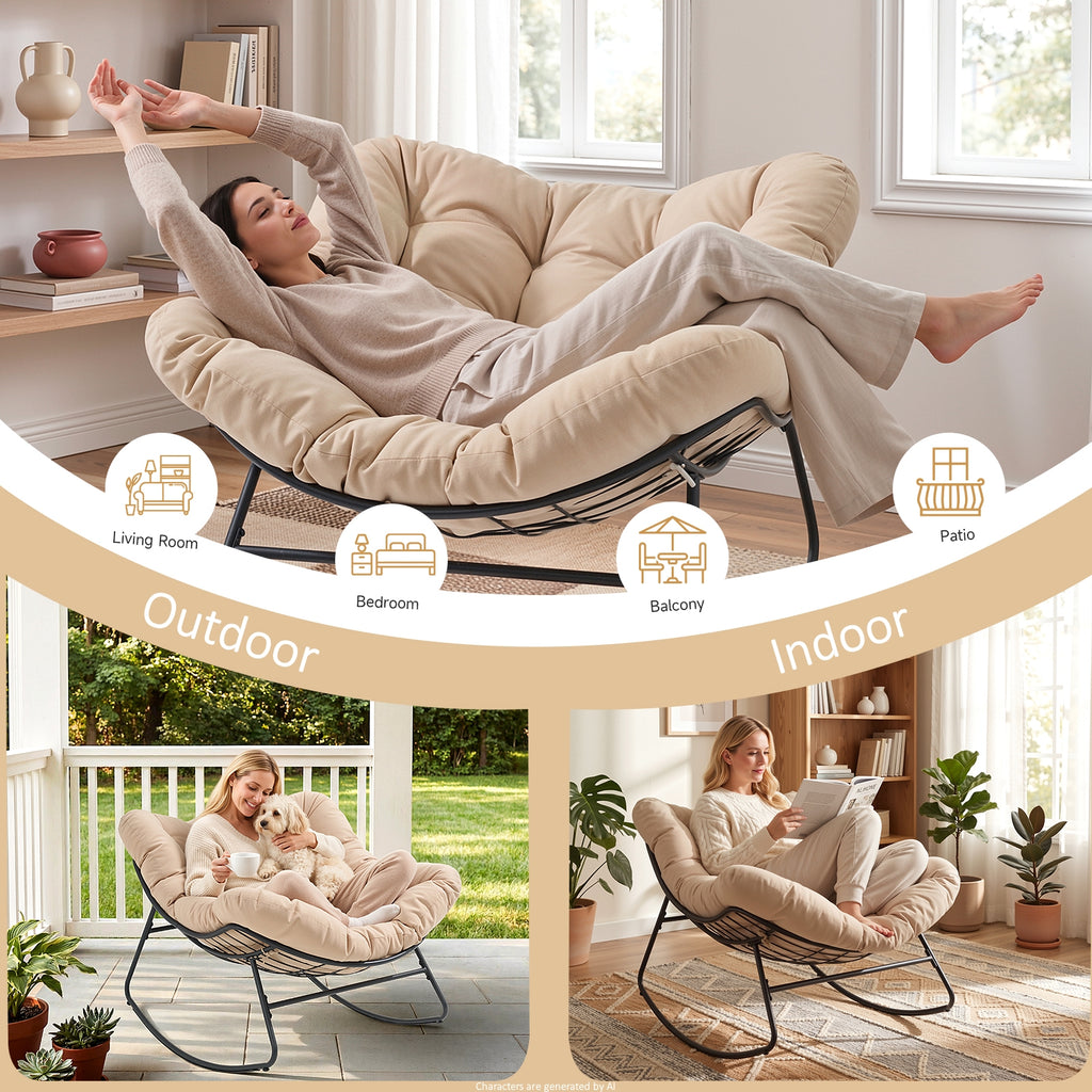 Outdoor Oversized Papasan Rocking Chair with Padded Cushion, Beige