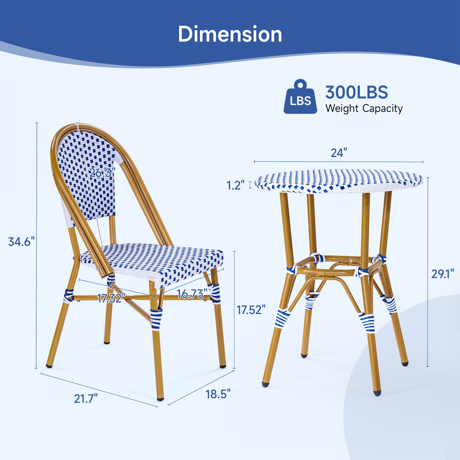 Outdoor Aluminum French Bistro Set, Blue White