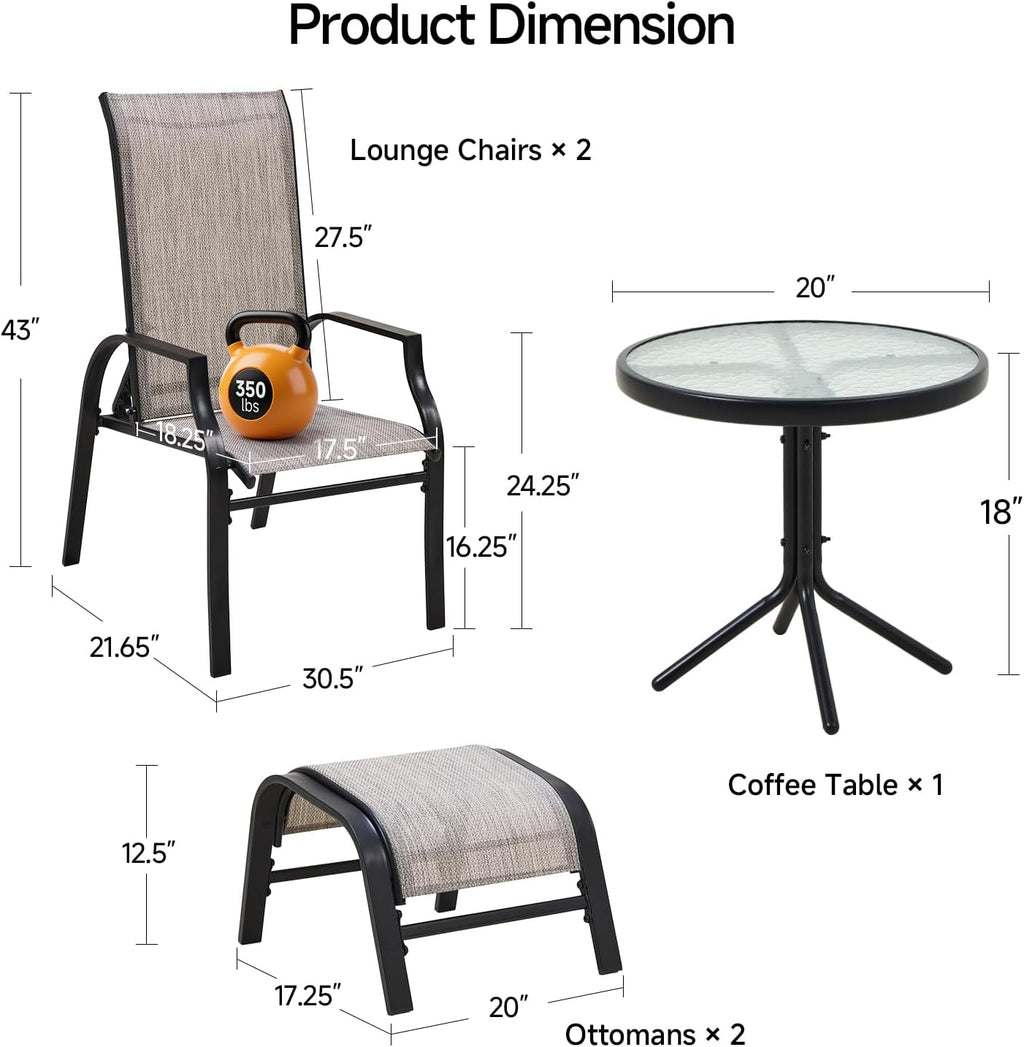 5 Piece Outdoor Lounge Chair Set with 2 Ottomans and Coffee Table