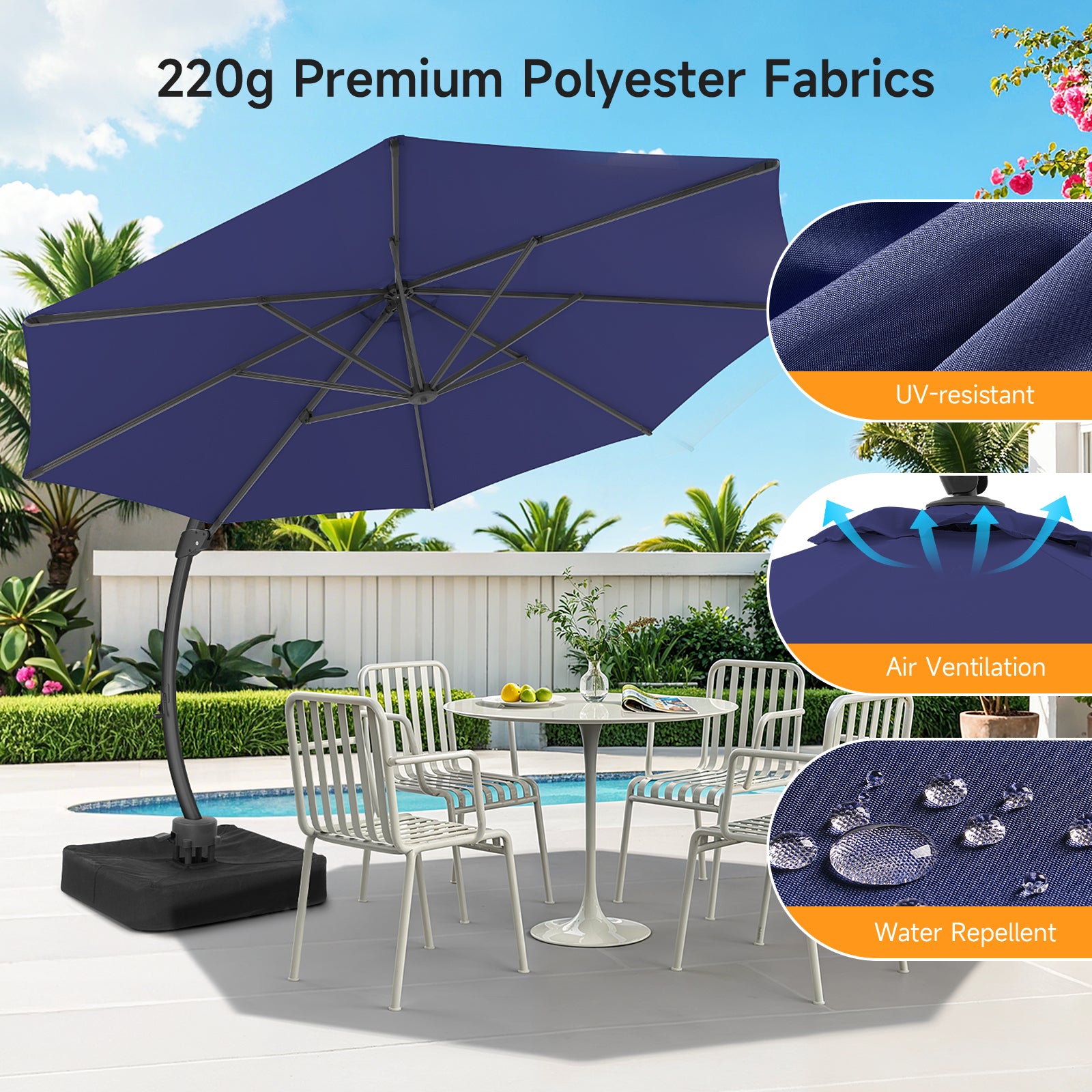 11ft Aluminum Curvy Cantilever Umbrella with Base, Navy Blue
