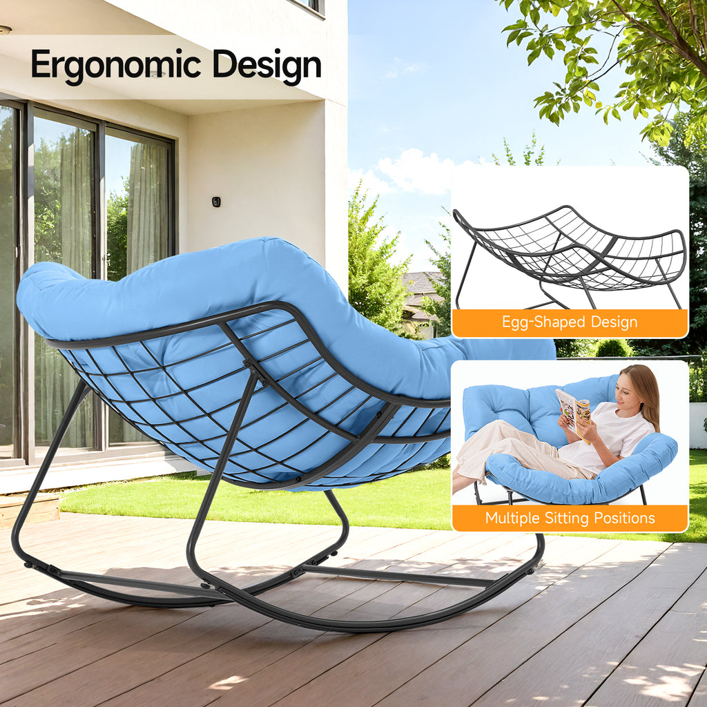 Outdoor Oversized Papasan Rocking Chair with Padded Cushion, Blue