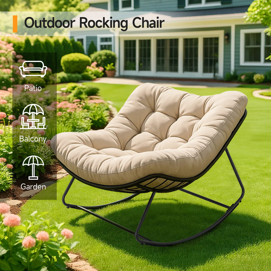 Outdoor Oversized Papasan Rocking Chair with Padded Cushion, Beige