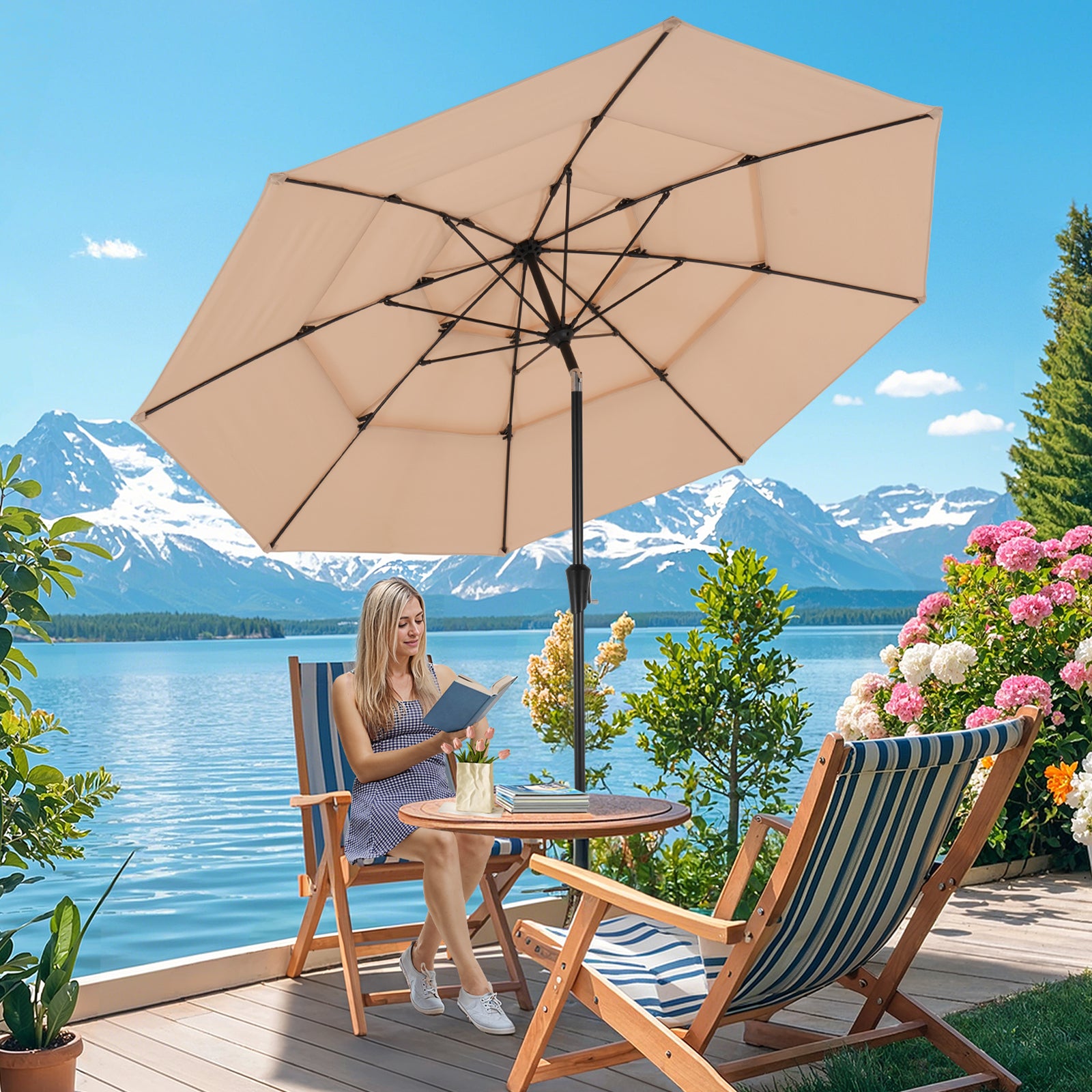 10ft 3 Tier Patio Umbrella with Crank & Push Button Tilt, Champagne