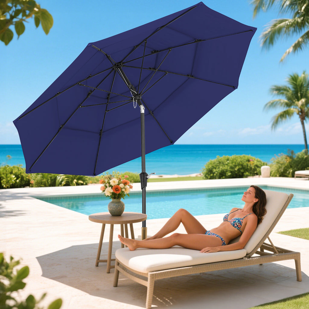 9ft 3 Tier Vented Patio Umbrella with Crank, Navy Blue