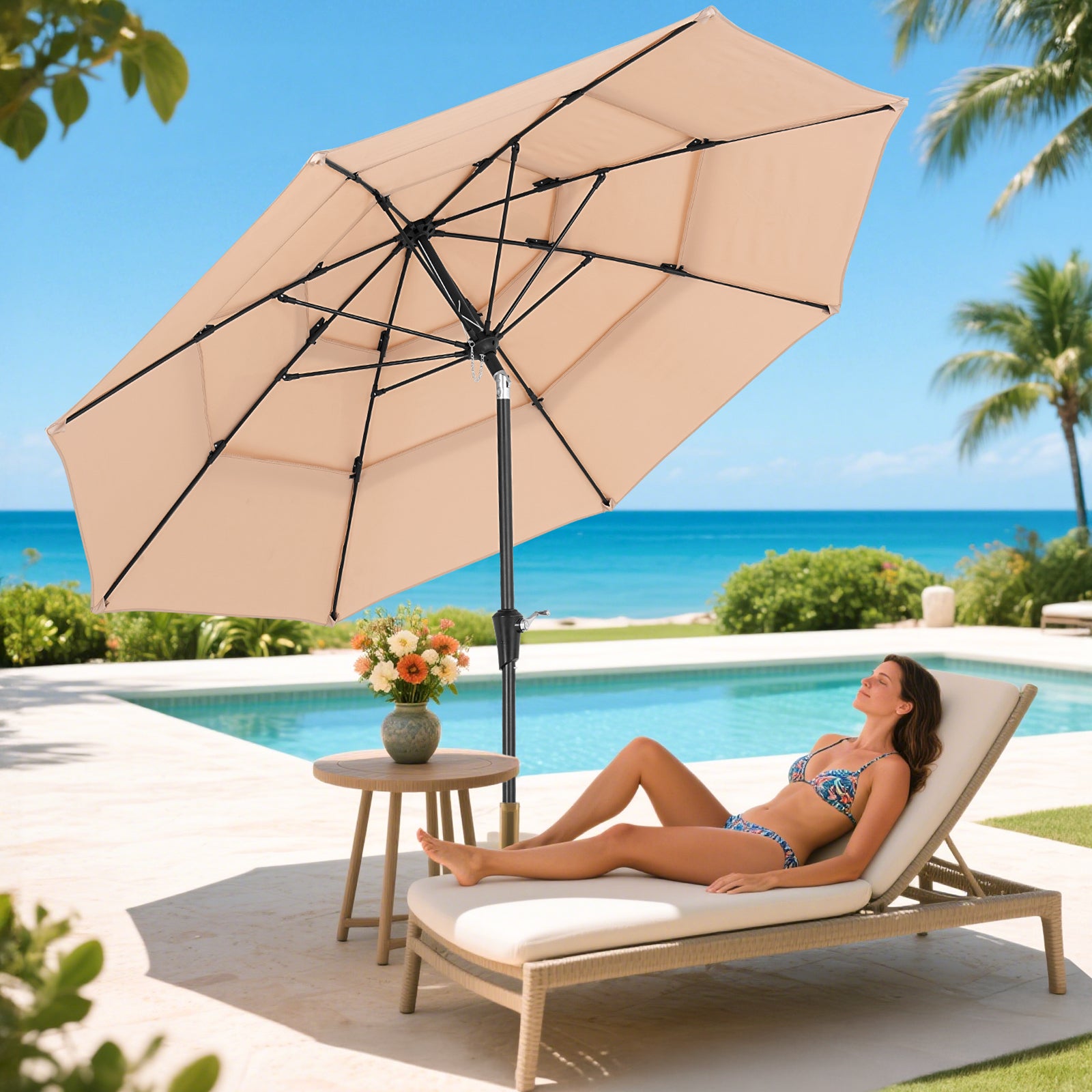 9ft 3 Tier Vented Patio Umbrella with Crank, Champagne