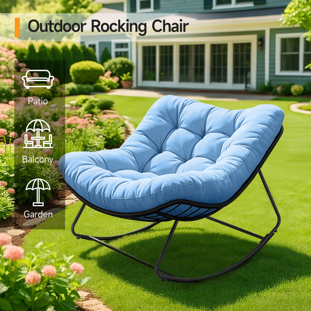 Outdoor Oversized Papasan Rocking Chair with Padded Cushion, Blue