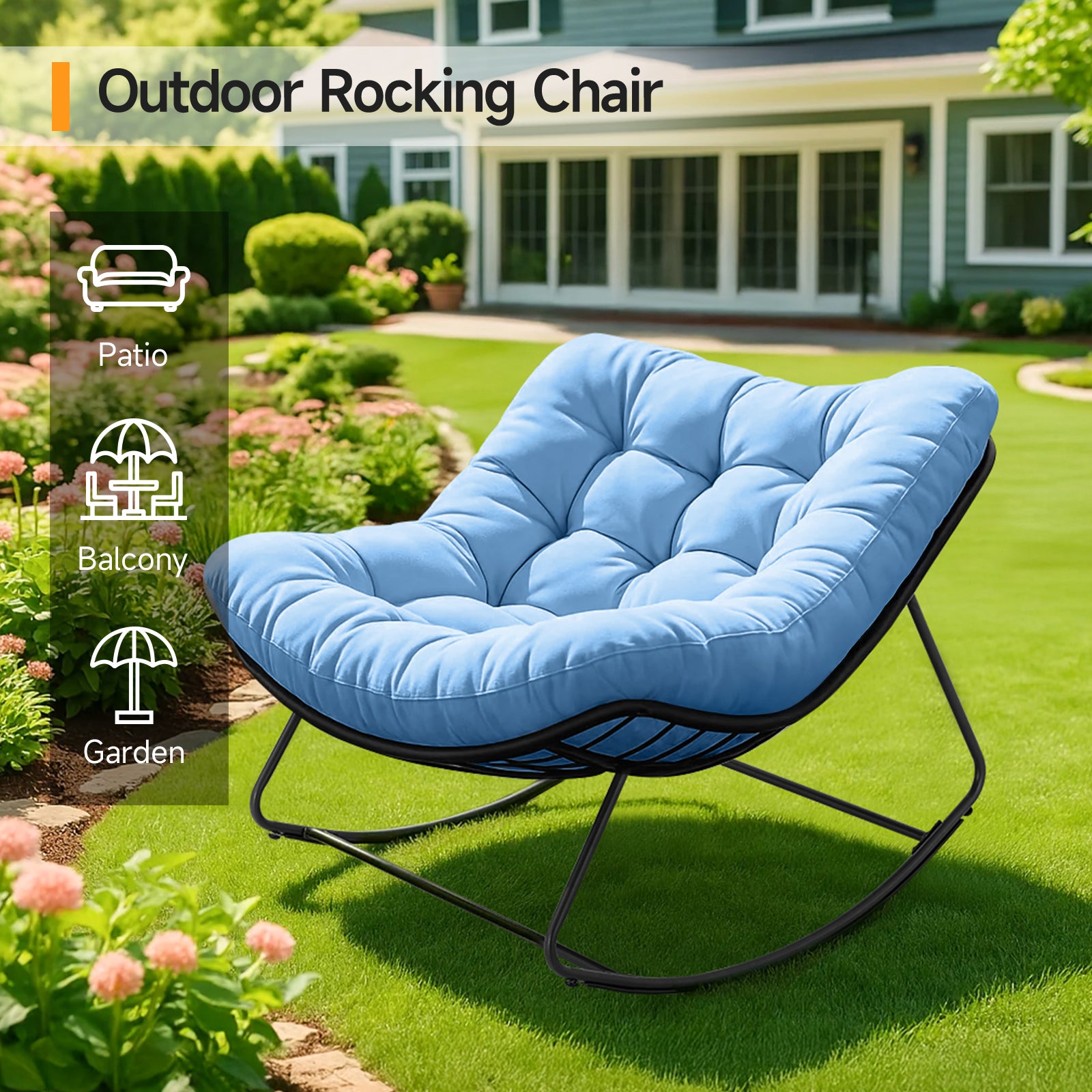 Outdoor Oversized Papasan Rocking Chair with Padded Cushion, Blue