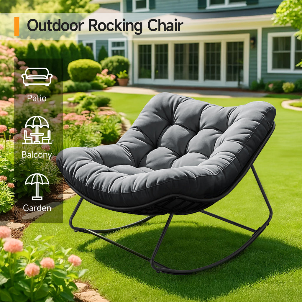 Outdoor Oversized Papasan Rocking Chair with Padded Cushion, Gray