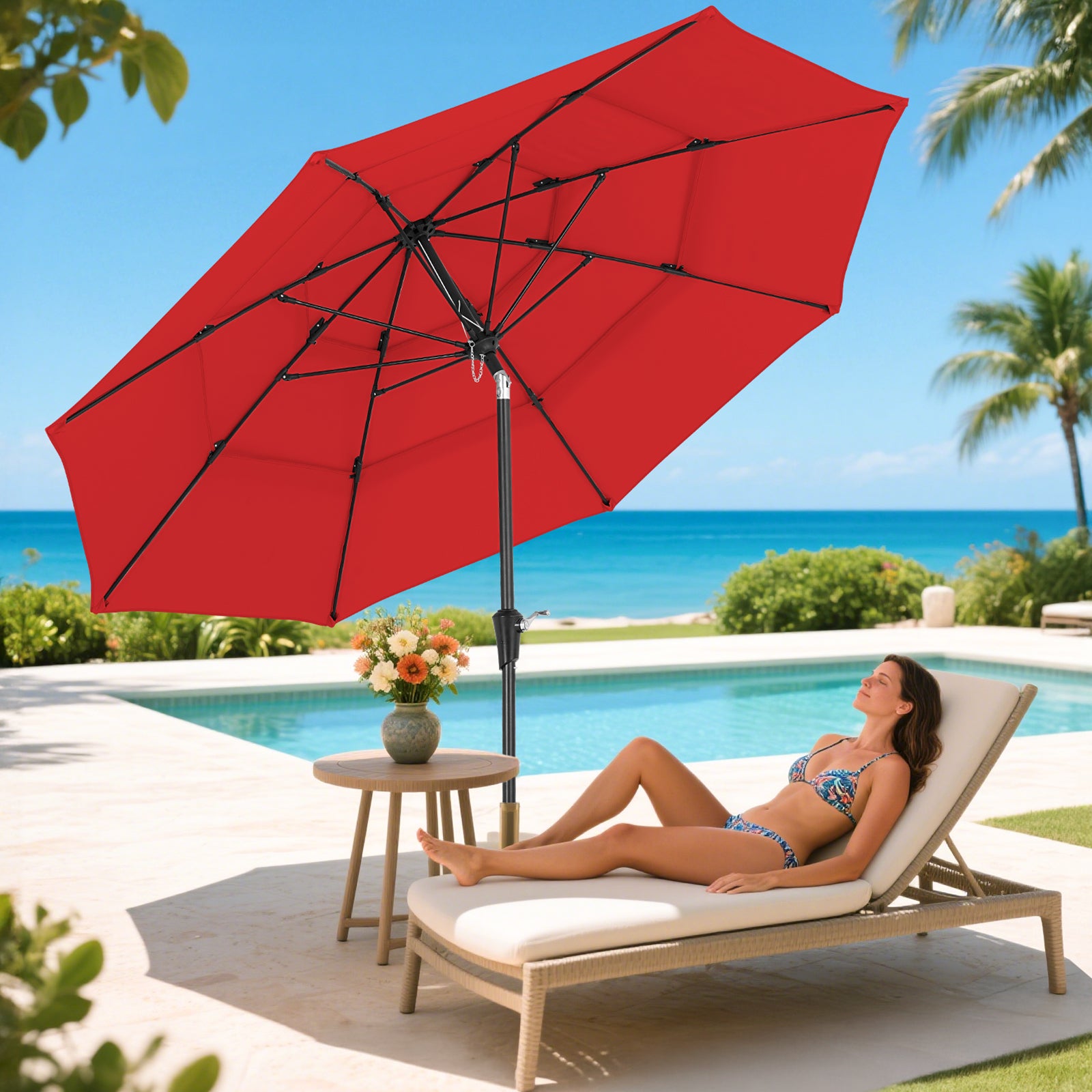 9ft 3 Tier Vented Patio Umbrella with Crank, Red