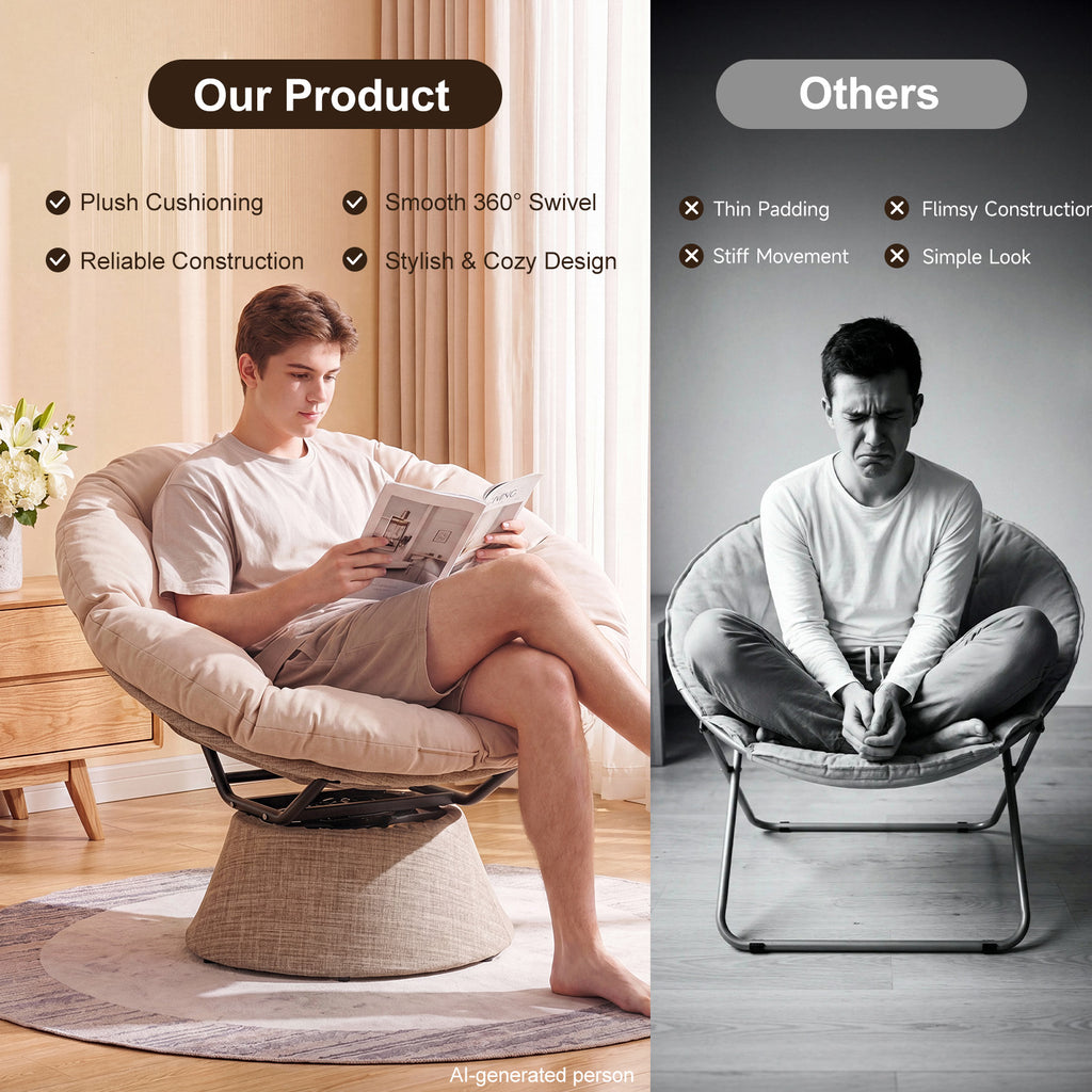 Dovov Papasan Chair, 360 Degree Swivel Papasan Accent Chair, Beige