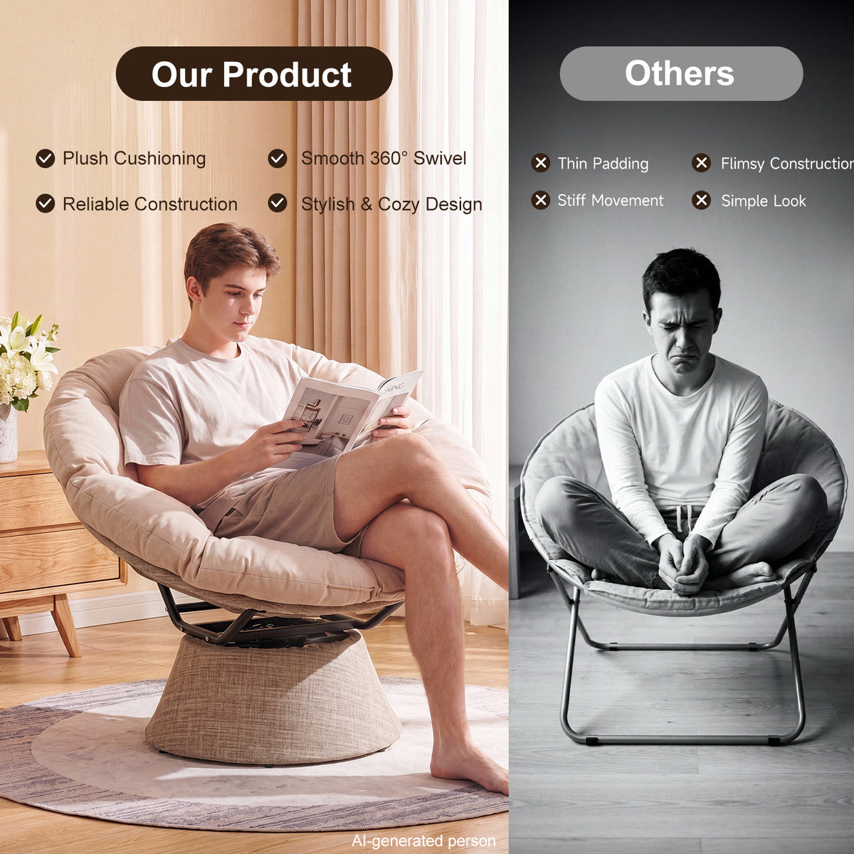 Dovov Papasan Chair, 360 Degree Swivel Papasan Accent Chair, Beige