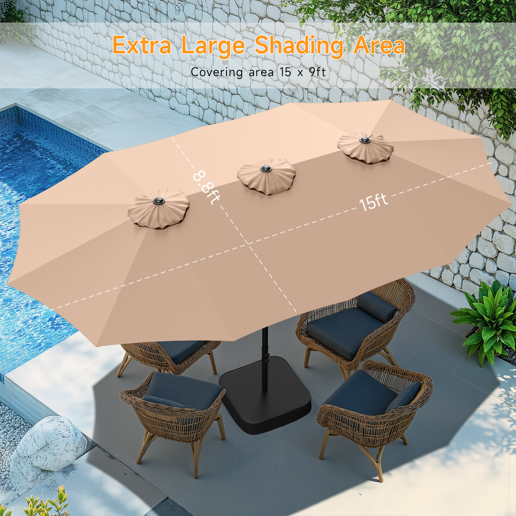 15ft Double Sided Outdoor Patio Umbrella with Base Included, Champagne
