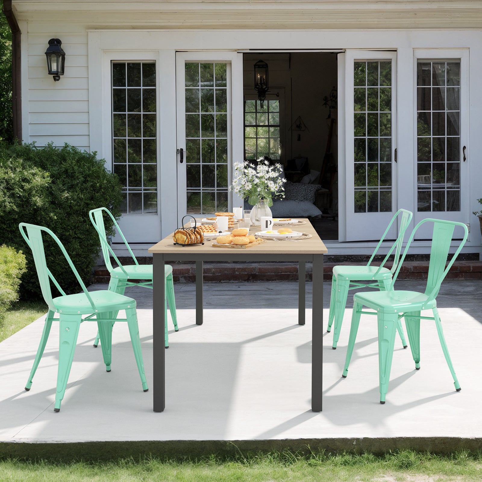 Metal Dining Chairs Set of 4, Modern Stackable Patio Chair, Mint Green