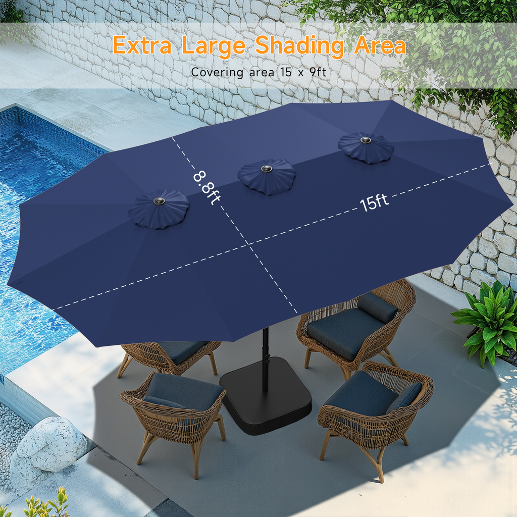 15ft Double Sided Outdoor Patio Umbrella with Base Included, Navy Blue