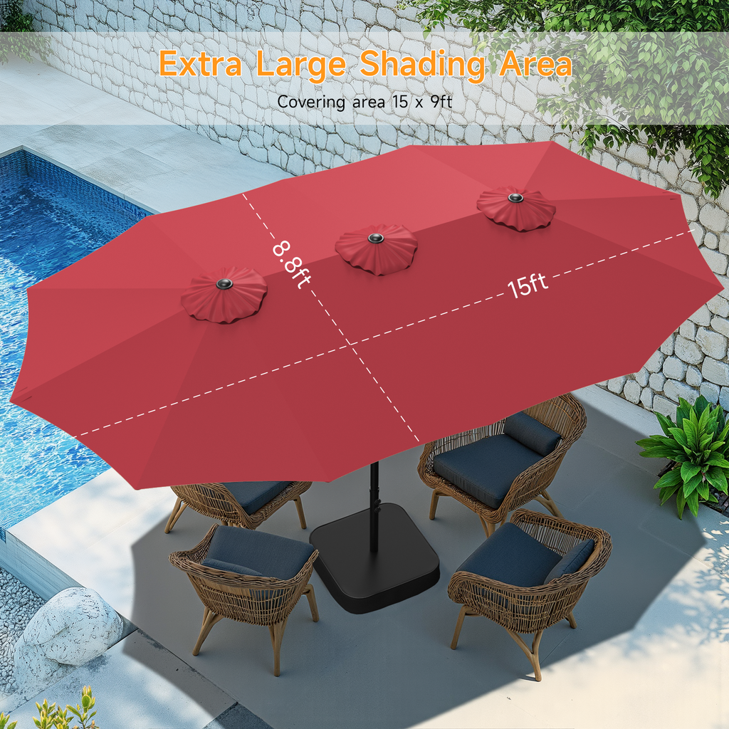 15ft Double Sided Outdoor Patio Umbrella with Base Included, Red