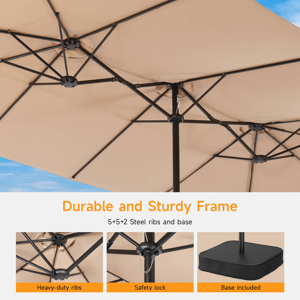 15ft Double Sided Outdoor Patio Umbrella with Base Included, Champagne