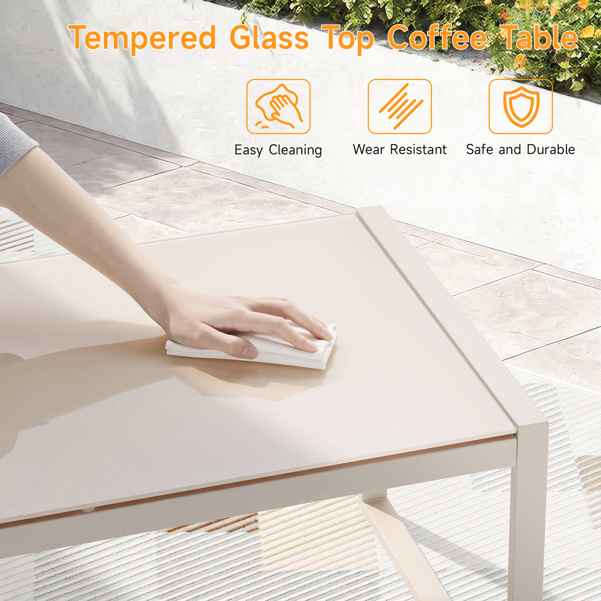 Dovov Outdoor Patio Coffee Table with Glass Top, Apricot