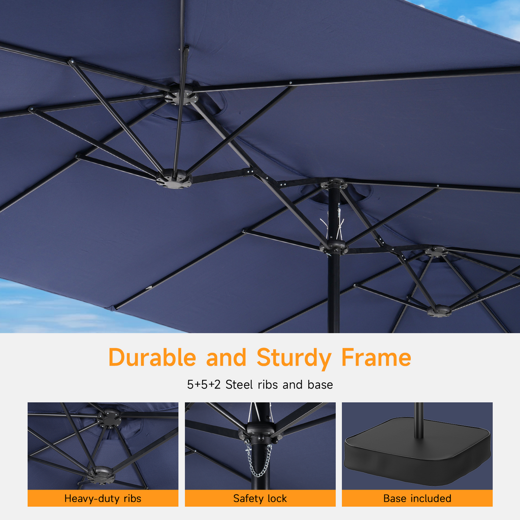 15ft Double Sided Outdoor Patio Umbrella with Base Included, Navy Blue