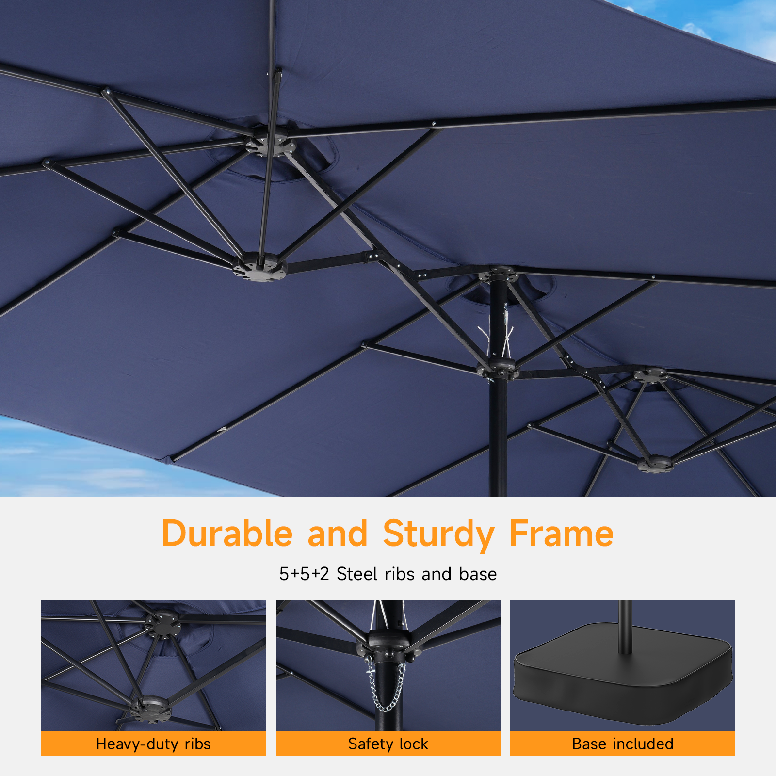 15ft Double Sided Outdoor Patio Umbrella with Base Included, Navy Blue