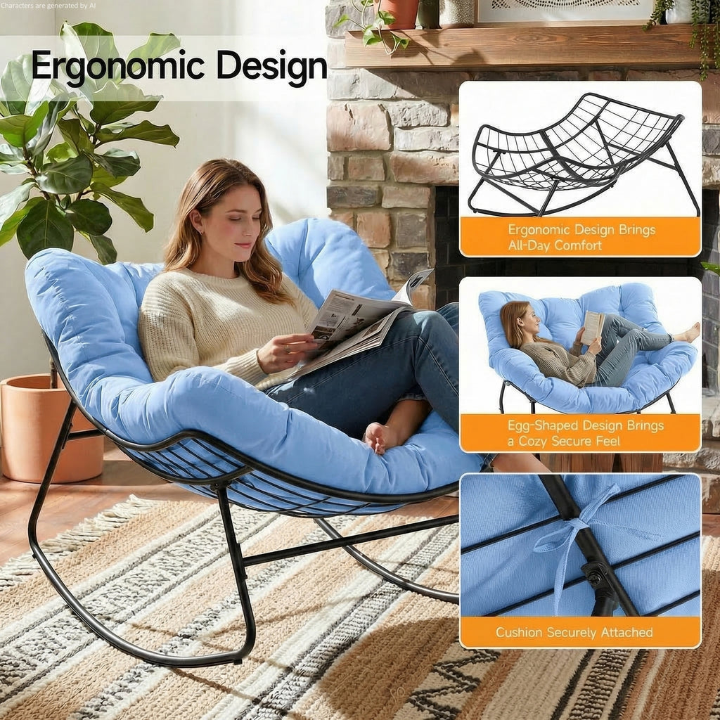 Outdoor Oversized Papasan Rocking Chair with Padded Cushion, Blue