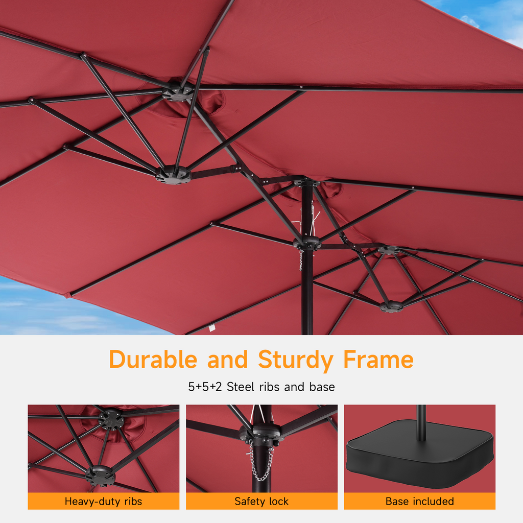 15ft Double Sided Outdoor Patio Umbrella with Base Included, Red