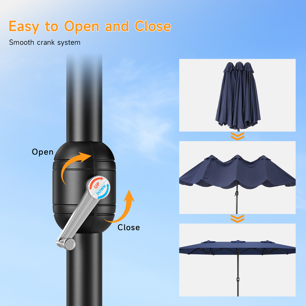 15ft Double Sided Outdoor Patio Umbrella with Base Included, Navy Blue