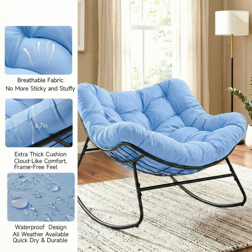 Outdoor Oversized Papasan Rocking Chair with Padded Cushion, Blue