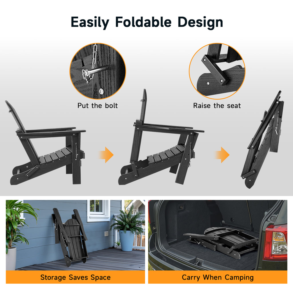 HDPE All WeatherFolding Adirondack Chair, Black