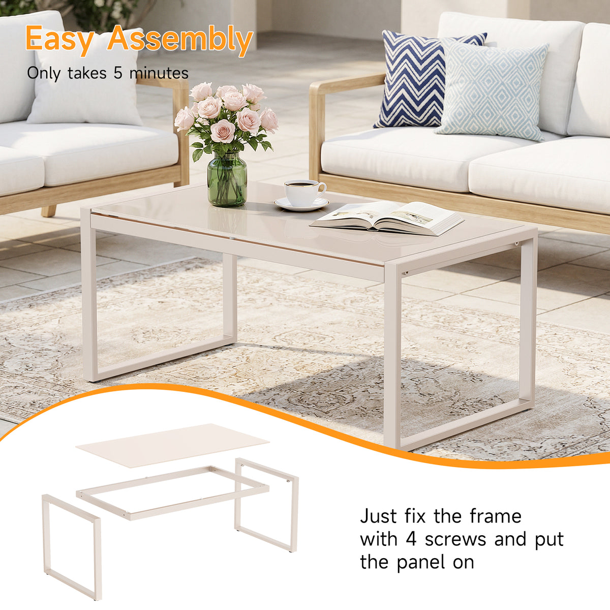 Dovov Outdoor Patio Coffee Table with Glass Top, Apricot