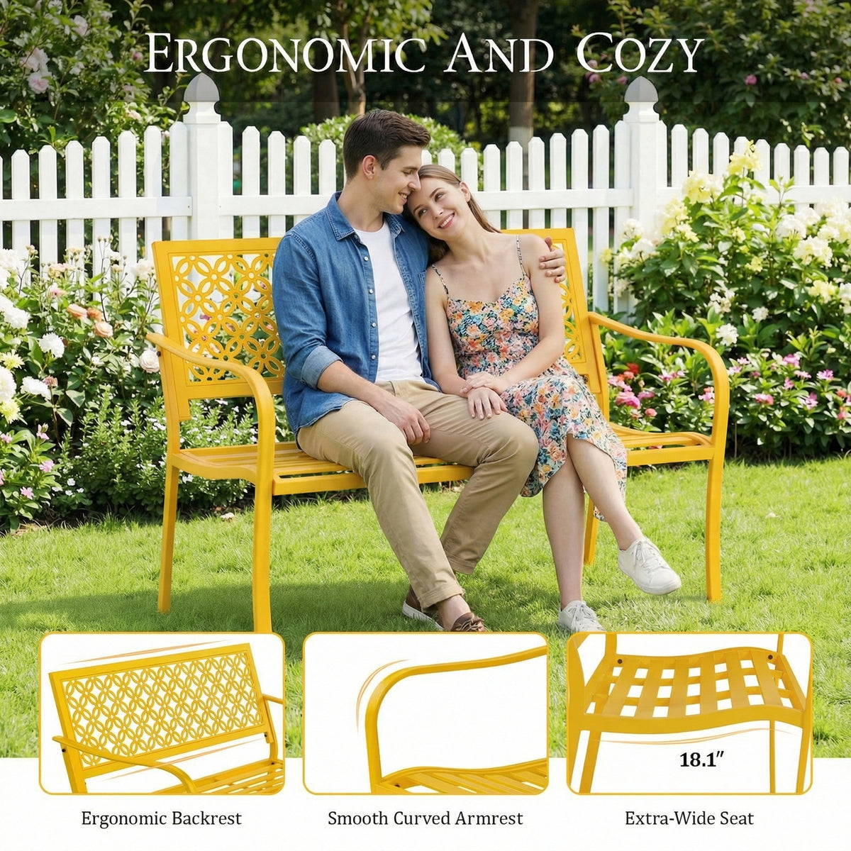 Dovov Oversized Outdoor Bench, Steel Garden Bench, Yellow